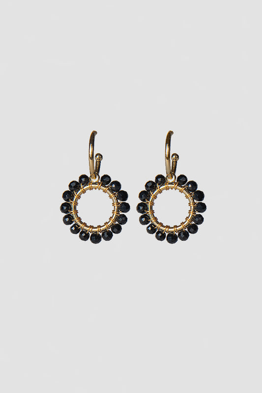 Mini Hoop Earrings with Black Onyx Beaded Charm