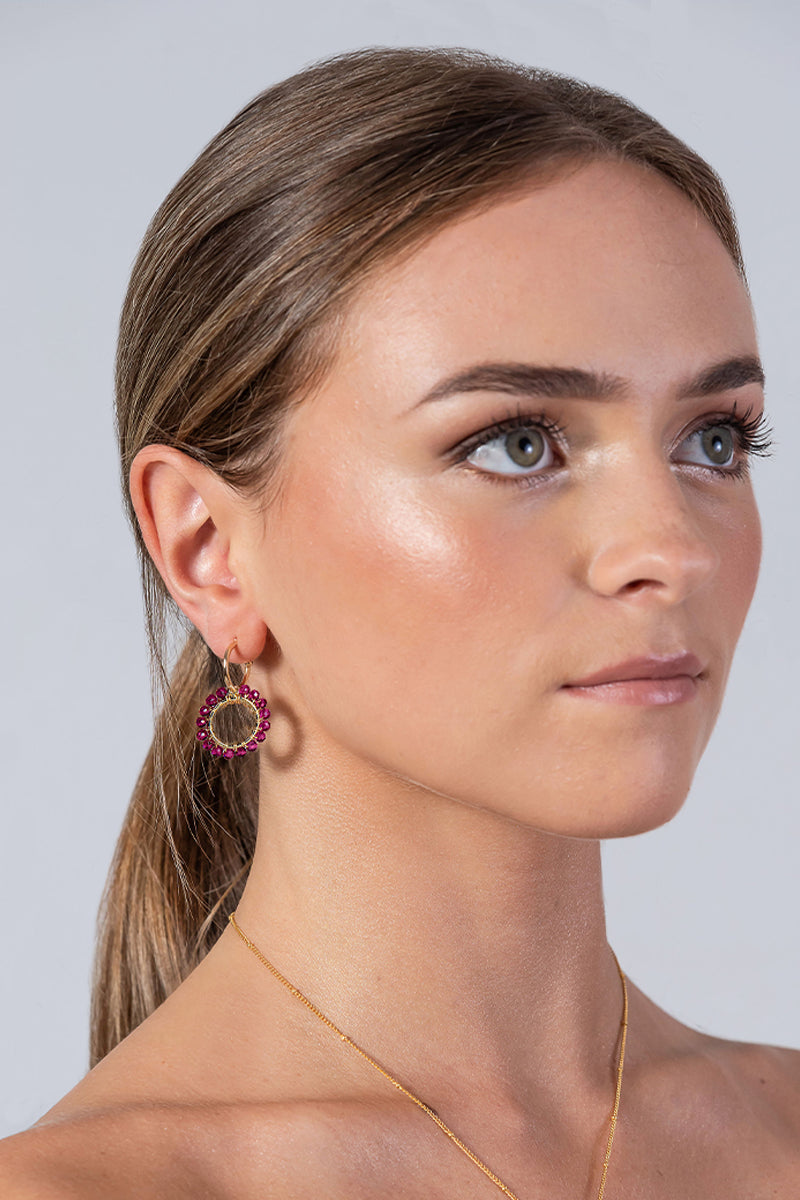Mini Hoop Earrings with Pink Tourmaline Beaded Charm