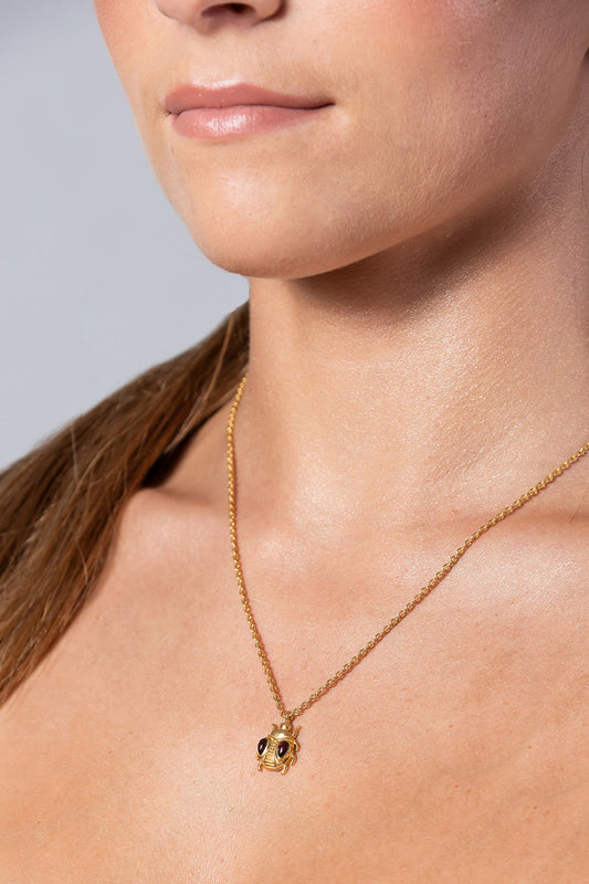18k Gold Vermeil Garnet Beetle Necklace