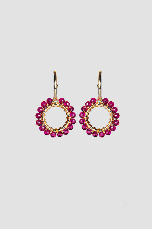 Mini Hoop Earrings with Pink Tourmaline Beaded Charm