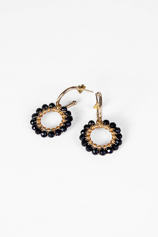 Mini Hoop Earrings with Black Onyx Beaded Charm