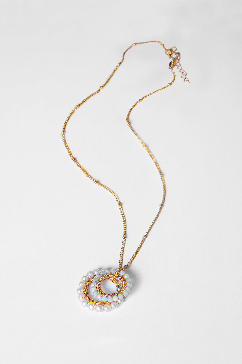 Freshwater Pearl & Seafoam Double Hoop Pendant Necklace