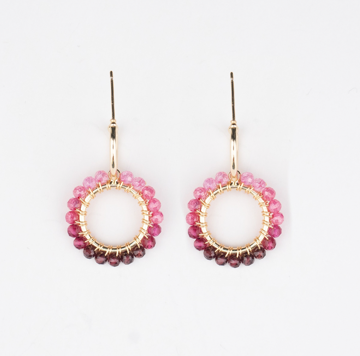 Mini Hoop Earrings with Pink Tourmaline Beaded Charm