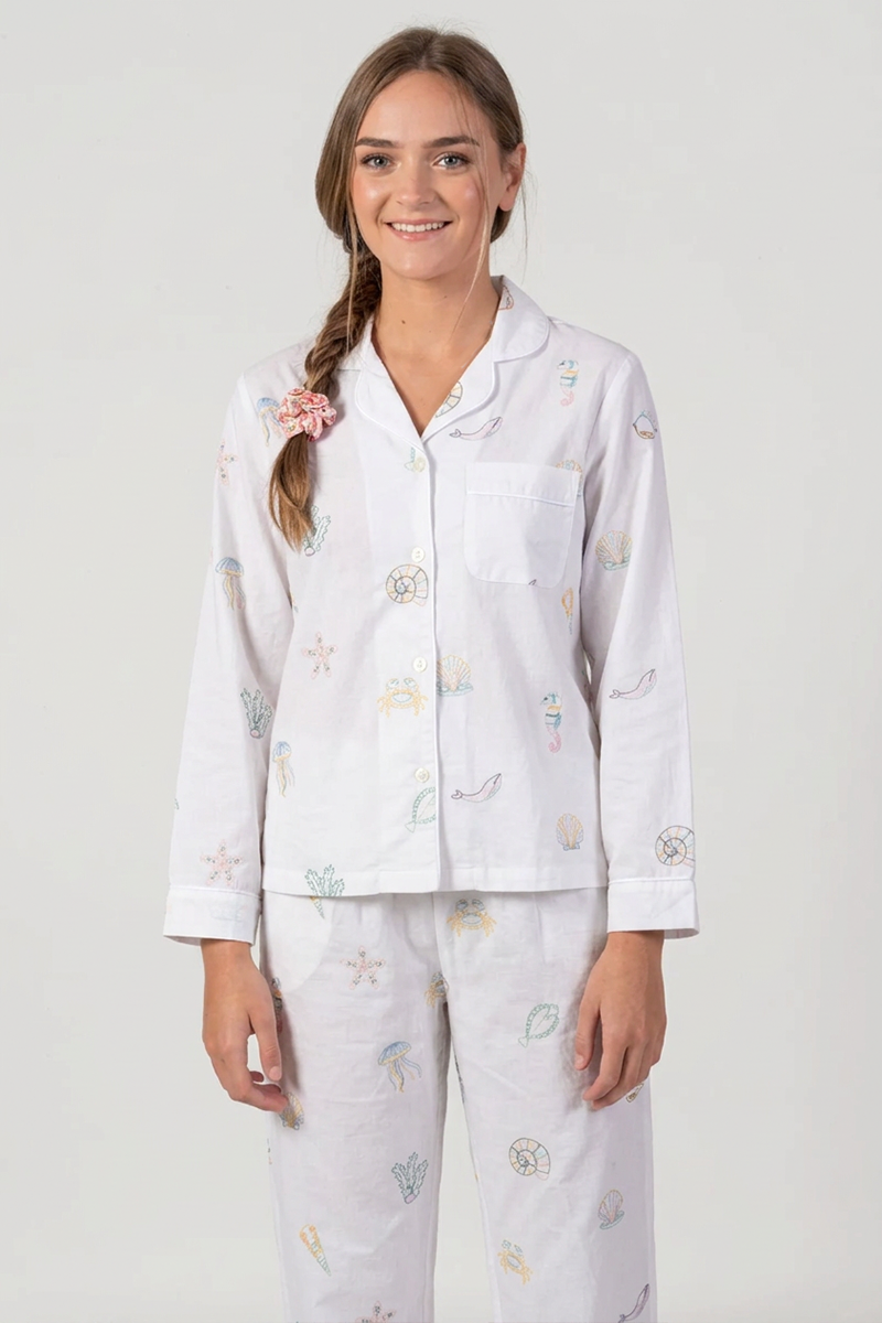 Embroidered Shell Long Pyjama Set