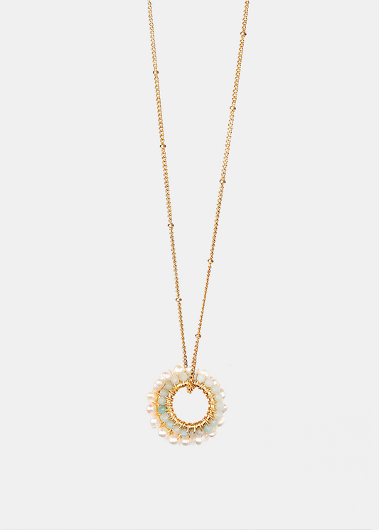 Freshwater Pearl & Seafoam Double Hoop Pendant Necklace