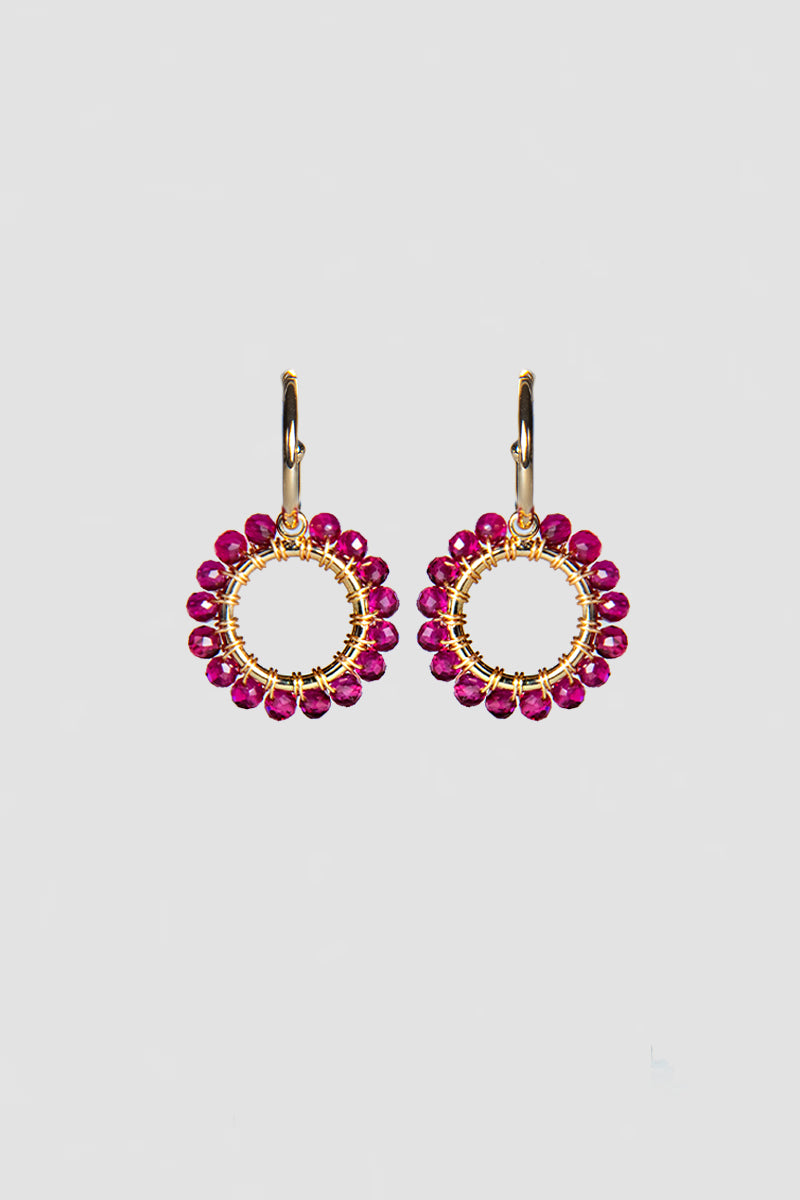 Mini Hoop Earrings with Pink Tourmaline Beaded Charm