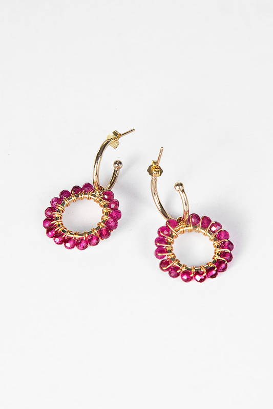Mini Hoop Earrings with Pink Tourmaline Beaded Charm